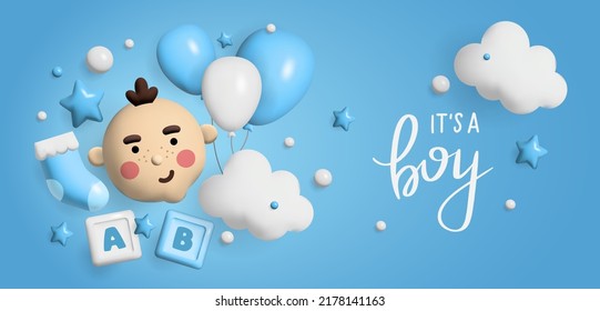 Baby shower 3d space. Banner poster on Baby shower in render style. Lettering it's a boy. Vector  in 3 d style.