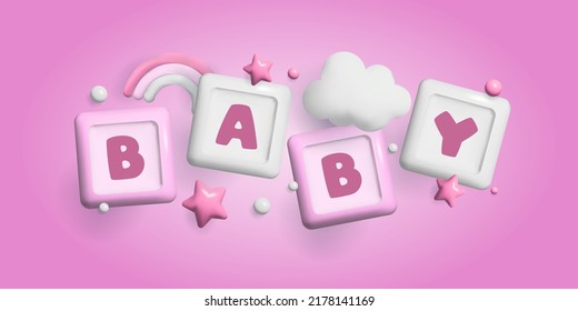 Baby shower 3d space. Banner poster on Baby shower in render style. Lettering it's a boy. Vector  in 3 d style.