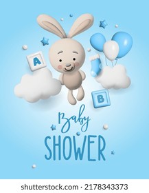 Baby shower 3d space. Banner poster on Baby shower in render style. Lettering baby.  illustration in 3 d style.