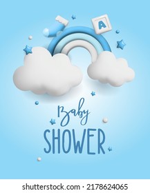 Baby Shower 3d Space. Banner Poster On Baby Shower In Render Style. Lettering Baby. Vector Illustration In 3 D Style.