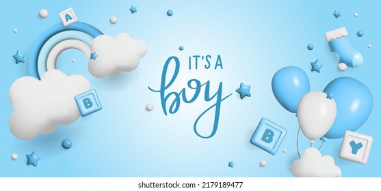 Baby shower 3d space. Banner poster on Baby shower in render style. Lettering it's a boy 3 d style.