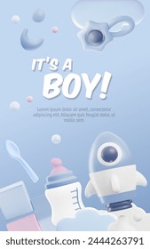 Baby shower 3d style space with lettering It's a boy vector poster. Cute blue vertical invitation design with cartoon spaceship toy, bottle pacifier, rattle. Newborn care accessories, entertainment