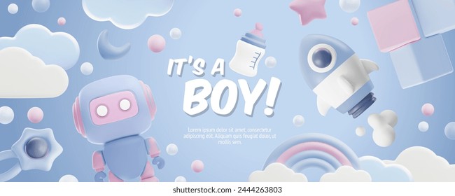 Baby shower 3d style space with lettering It's a boy vector banner. Cute render blue design horizontal invitation with cartoon spaceship, rainbow, bottle with pacifier, rattle, robot toy