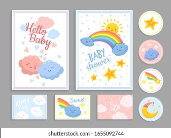 Baby shower. Abstract cute clouds heart. Kid print pattern and invitation with stars sun, moon and rainbow. Art food party vector cards