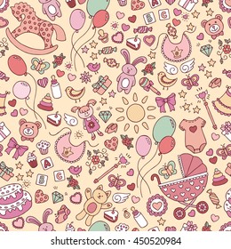 Baby shower. Abstract festive seamless texture. Packing for a gift, banner, card. Seamless hand drawn doodle wallpaper, cartoon style. Birth of a girl.