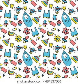 Baby shower. Abstract festive seamless texture. Packing for a gift, banner, card. Seamless hand drawn doodle wallpaper, cartoon style