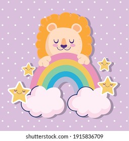 Baby shower adorable lion rainbow and stars cartoon vector illustration
