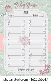 Baby Shower Alphabet Layout Template with Spring Wild Flowers Grey and Pink Color, Do it Yourself Word Game with Floral theme for girls, retro background pattern, mommy to be activity card