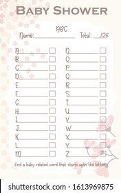 Baby Shower Alphabet Layout Template with Flowers Color Light Pink and Tan, Do it Yourself Word Game with Floral theme for girls, Tulips and small clover leafs, mommy to be activity card