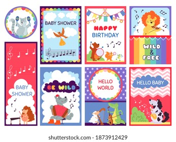 Baby shower animal cards. Cute greetings, kids safari jungle lion flyers. Bright happy birthday invitation banners decent vector collection