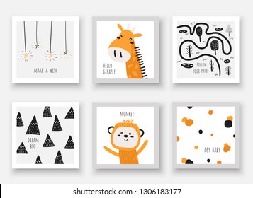 Baby shower animals including giraffe, monkey. Card, postcards with stars, forest, trees, mountains, abstract elements, lettering quote make a wish, my baby, follow your path, hello