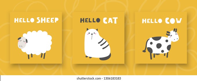 Baby shower animals set including cat, sheep, cow. Cute cards, postcards with nursery characters for kids