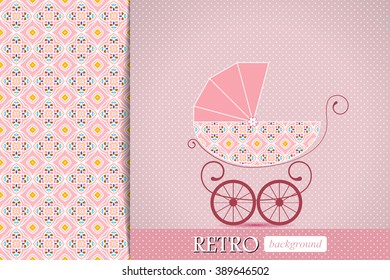 Baby shower announcement, invitation, birthday retro card with baby carriage, pattern swatch included in file, vector illustration background.