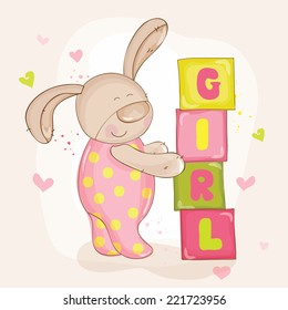 Baby Shower or Arrival Card. Cute Bunny Girl in vector