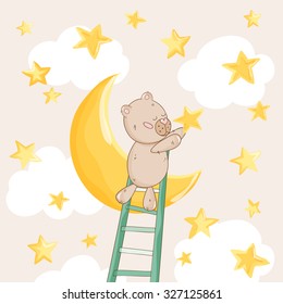 Baby Shower or Arrival Card. Cute Bear with Stars in vector