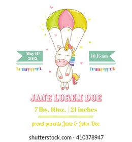 Baby Shower or Arrival Card. Cute Unicorn Girl in vector