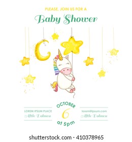 Baby Shower or Arrival Card. Cute Unicorn Girl in vector