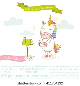 Baby Shower or Arrival Card. Cute Unicorn Girl in vector