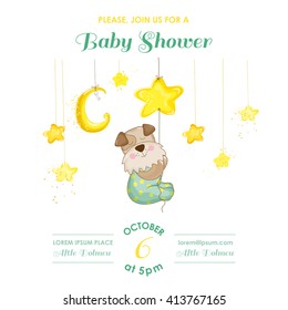 Baby Shower or Arrival Card. Cute Dog Catching Stars in vector