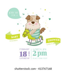 Baby Shower or Arrival Card. Cute Dog in vector