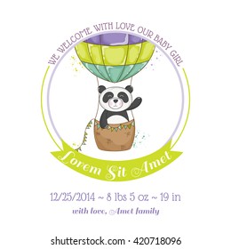 Baby Shower Or Arrival Card. Cute Panda And Air Balloon, In Vector