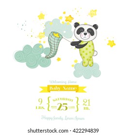 Baby Shower or Arrival Card. Cute Panda Catching Stars in vector