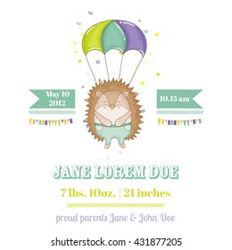 Baby Shower or Arrival Card. Cute Hedgehog, in vector