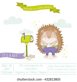 Baby Shower or Arrival Card. Cute Hedgehog with Mailbox, in vector