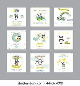 Baby Shower And Arrival Card. Cute Panda Animal. Vector Set.