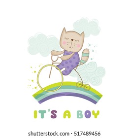 Baby Shower or Arrival Card. Cute Cat on a Bike, vector