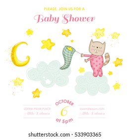 Baby Shower or Arrival Card. Cute Cat Girl Catching Stars in vector