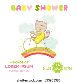 Baby Shower or Arrival Card. Cute Girl Cat on a Bike in vector