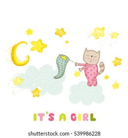 Baby Shower or Arrival Card. Cute Girl Cat Catching Stars, in vector