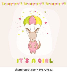 Baby Shower or Arrival Card. Cute Girl Kangaroo Flying with a Parachute in vector