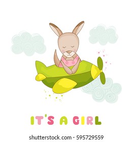 Baby Shower or Arrival Card. Cute Girl Kangaroo Flying on a Plane in vector