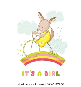 Baby Shower or Arrival Card. Cute Girl Kangaroo on a Bike in vector