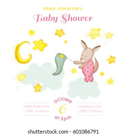 Baby Shower or Arrival Card. Cute Kangaroo Girl Catching Stars in vector