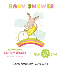 Baby Shower or Arrival Card. Cute Girl Kangaroo on a Bike in vector