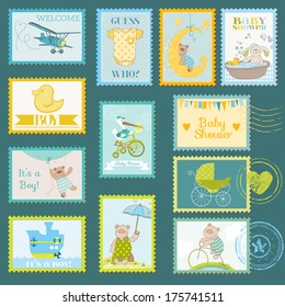 Baby Shower or Arrival Postage Stamps - for design and scrapbook - in vector