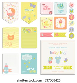 Baby Shower or Arrival Set - Tags, Banners, Labels, Cards - in vector