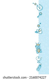 Baby Shower Background. Baby Arrival Cartoon Vector Illustration with Copy Space, baby icons and pattern. It is a boy.