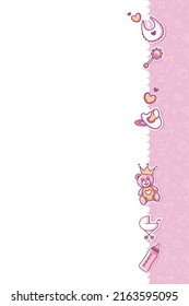 Baby Shower Background. Baby Arrival Cartoon Vector Illustration with Copy Space, baby icons and pattern. It is a girl.