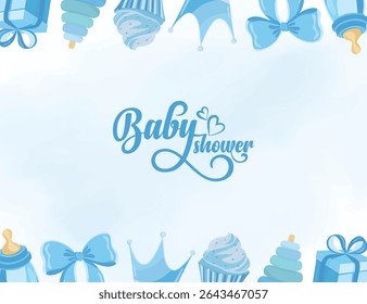Baby shower background with blue baby boy illustrations including pacifier, socks, bow and presents, perfect for greeting cards, invitations and announcements