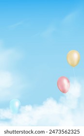 Baby Shower background.Sky Blue with clouds with 3d air balloons yellow, blue and pink colour flying.Vertical Vector Illustration Backdrop Nature Landscape banner for Kids Birthday card