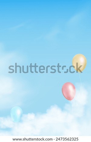 Baby Shower background.Sky Blue with clouds with 3d air balloons yellow, blue and pink colour flying.Vertical Vector Illustration Backdrop Nature Landscape banner for Kids Birthday card