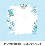 Baby Shower Background in blue colors. Baby Arrival Cartoon Vector Illustration with Copy Space, baby icons and pattern. It is a boy.