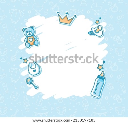 Baby Shower Background in blue colors. Baby Arrival Cartoon Vector Illustration with Copy Space, baby icons and pattern. It is a boy.