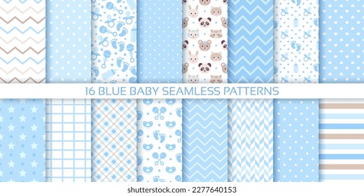 Baby shower background. Blue scrapbook seamless patterns. Set cute prints with polka dots, stripes, zigzag, baby stuff. Retro pastel texture. Geometric childish wrapping backdrop. Vector illustration