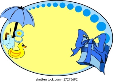 Baby shower background for a boy, with blue gift, umbrella, baby rattle, booties, and rubber duckie.