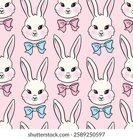 Baby shower background with boy and girl cute bunnies. Wrapping paper for little baby present. Seamless vector pattern. 